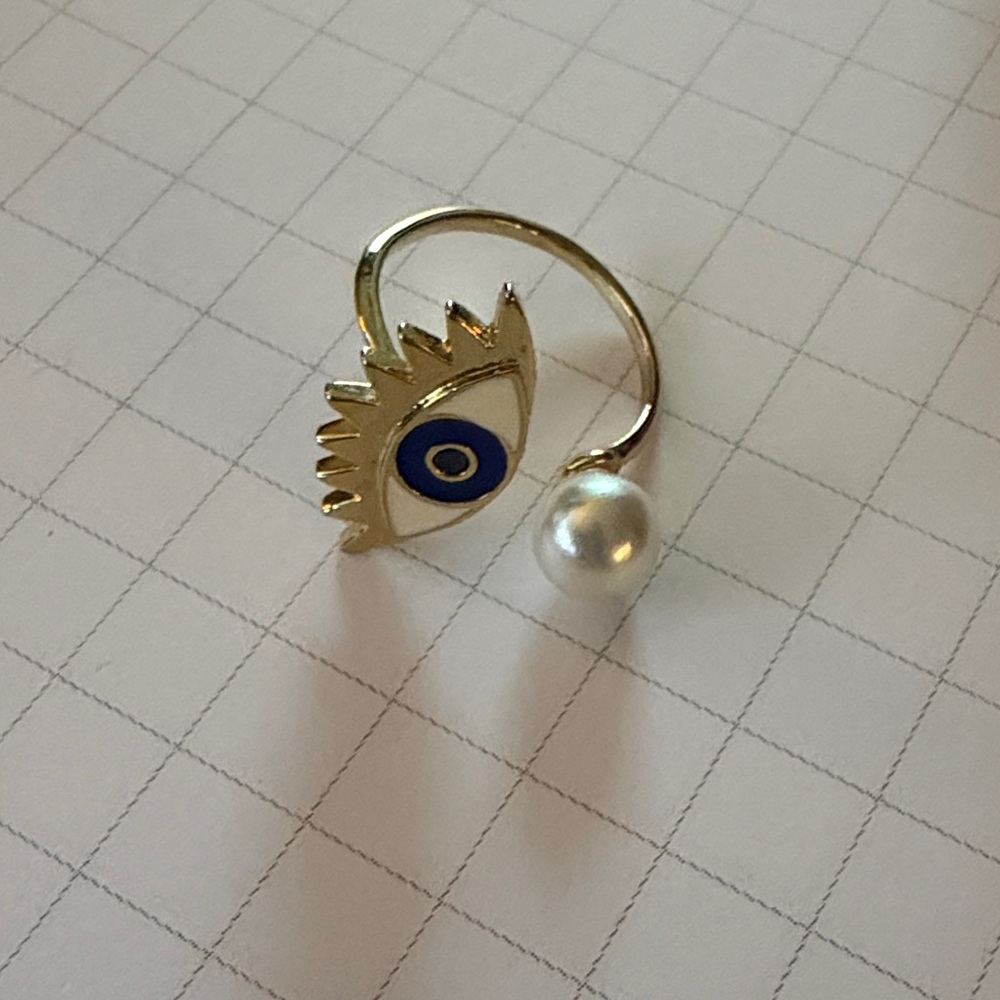 Gold Evil Eye Open Ring with Blue Enamel and Pearl Accent